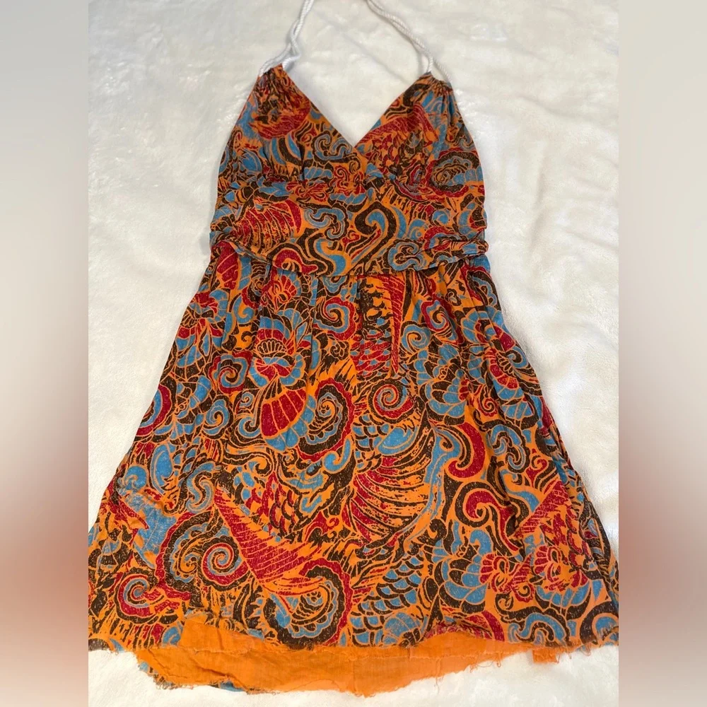 Anthropologie Moulinette Soeurs Rope Halter Dress Orange Blue Batik Print Size 6 - Picture 2 of 10